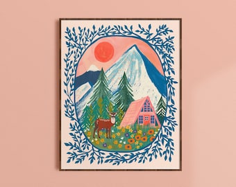 Art mural nature, impression d'art montagne, art pour chambre d'enfant, art aventure pour chambre d'enfant, illustration nature sauvage, décoration murale salon, oeuvre d'art cabane