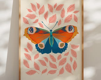 Schmetterling Wandkunst, Bunter Schmetterling Druck, Cottagecore Dekor, Natur Wandkunst, Folk Art Print, Kinderzimmer Wanddekoration