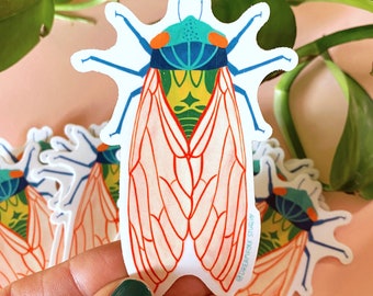 Cicada Vinyl Sticker, Colorful Insect Decal, Nature Lover Gift for Laptop or Water Bottle
