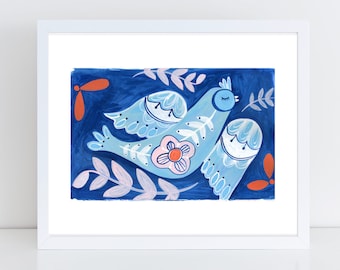 Blue Bird Wall Art, Folk Bird Print, Gift for her, Bird Lover Gift, Whimsical Nature Print, Living Room Decor, Folk Art Print, Nursery Art