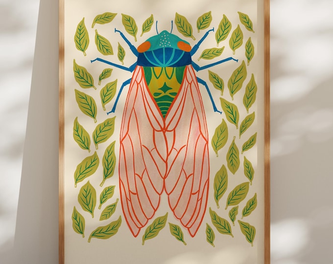 Cicada Print, Botanical Wall Art, Nature Decor, Insect Illustration, Cottagecore Art
