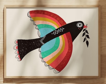 Folk Art Bird Print, Whimsical Nature Wall Art, Peace Dove Decor