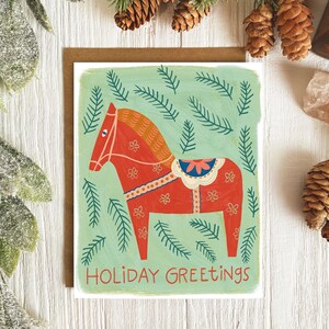 Biglietto di auguri svedese Dala Horse, pacchetto di biglietti di Natale, biglietti di auguri scandinavi, biglietti di auguri per le feste, biglietti di auguri disegnati a mano, biglietto di auguri Yule