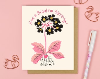 Flower Birthday Card, Happy Birthday Card Her, Floral Card with Envelope, Cute Greeting Card, Birthday Cards for Friends, Primrose Notecard