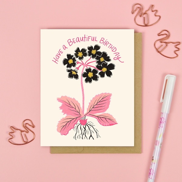 Flower Birthday Card, Happy Birthday Card Her, Floral Card with Envelope, Cute Greeting Card, Birthday Cards for Friends, Primrose Notecard