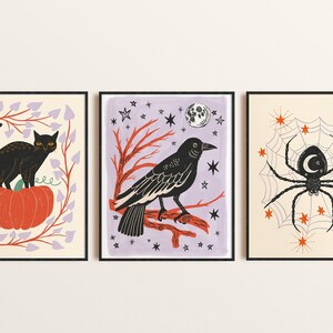 Halloween Art Print Set, Witchy Decor, Autumn Wall Art, Gallery Wall Set, Black Cat Art, Fall Home Decor, Spider Art, Raven Wall Art
