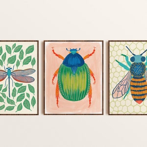 Bug Print Set of 3, Colorful Insect Art, Kid Room Decor, Nature Nursery Prints, Beetle Art, Dragonfly Artwork, Bee Painting, Gallery Wall