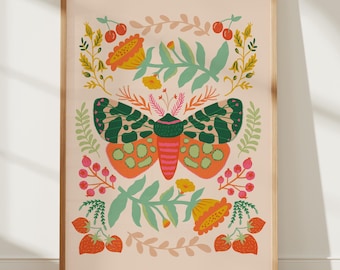 Ilustração de Mariposa-Tigre Rosa e Verde, Impressão Artística, Decoração de Parede Botânica Popular, Presente para Amantes da Natureza