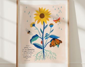 Sonnenblume Zitat Druck, botanische Wandkunst, Bestäuber Garten Dekoration, Natur Illustration
