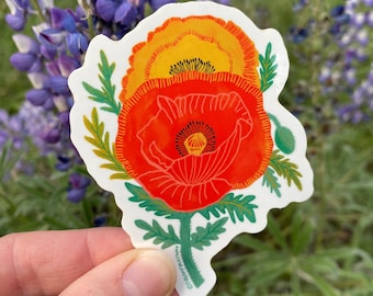 California Poppy Sticker, Flower Sticker, Water Bottle Decals, Nature Gifts, Wildflower Stickers, KIndle Decal, Plant Stickers, Laptop Decal