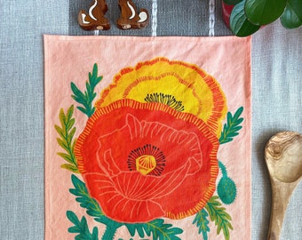 California Poppy Tea Towel, Mother's Day Gift, Flower Kitchen Towel, Bright Dish Towel, Colorful Kitchen Decor, Cottagecore, Hostess Gift