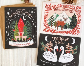 Kerstkaarten, Yule Card Set, grillige kerstkaarten, blanco kaarten met enveloppen, natuurkunstkaarten, zwaankunstwerk, hertenkerstkaarten