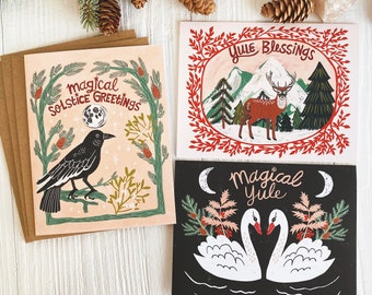 Winter Solstice Cards, Yule Greeting Cards, Xmas Notecard, Blank Cards, Yuletide Card Set, Nature Art, Deer Cards, Swan Art, Raven Print