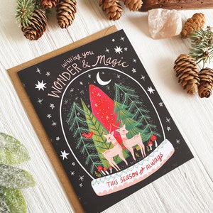 Tarjeta de felicitación navideña, tarjeta de felicitación navideña, juego de tarjetas de Yule, arte de ciervos de invierno, linda tarjeta navideña, maravilla y magia, tarjetas en blanco con sobres