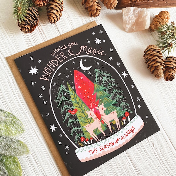 Christmas Greeting Card, Holiday Notecard, Yule Card Set, Winter Deer Art, Cute Christmas Card, Wonder and Magic, Blank Cards with Envelopes