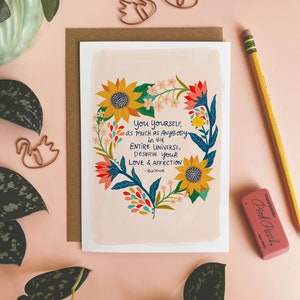 Citation de Bouddha, carte d'encouragement pour un ami, carte pour l'amour de soi, Vous méritez l'amour, carte de voeux florale illustrée, carte Pensez à vous