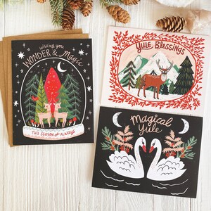 Holiday Cards, Yule Card Set, Whimsical Christmas Cards, Blank Cards with Envelopes, Nature Art Cards, Swan Artwork, Deer Christmas Cards