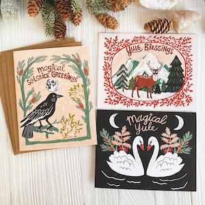 Winter Solstice Cards, Yule Greeting Cards, Xmas Notecard, Blank Cards, Yuletide Card Set, Nature Art, Deer Cards, Swan Art, Raven Print
