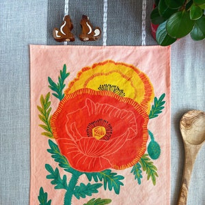 California Poppy Tea Towel, Mother&#39;s Day Gift, Flower Kitchen Towel, Bright Dish Towel, Colorful Kitchen Decor, Cottagecore, Hostess Gift