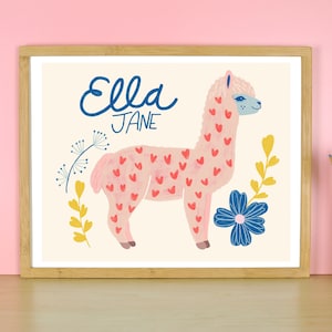 Personalized Name Art, Kids Room Wall Art, Llama Print, Custom Art for Nursery, Baby Name Gift, Baby Girl Decor, Animal Art, Alpaca Print