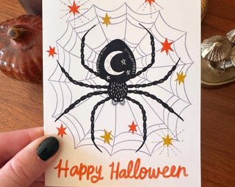Halloween Spider Card, Spooky Spider Web Greeting Card, Witchy Halloween Card
