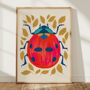 Ladybug Art Print, Botanical Insect Illustration, Whimsical Garden Nature Decor, Archival Print