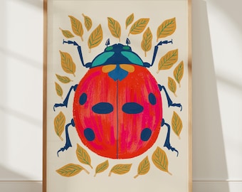 Ladybug Art Print, Botanical Insect Illustration, Whimsical Garden Nature Decor, Archival Print