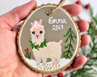 Alpaca Ornament, Name Ornament, Unique Baby Girl Gifts, Wooden Ornament, Llama Art, Custom Painted Ornaments for kids, Heirloom Ornament