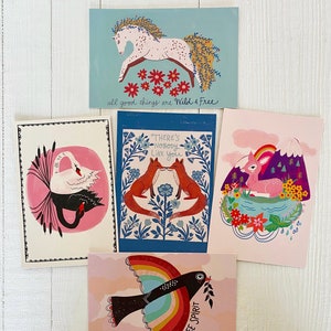 Animal Postcard Set, Cute Stationery, Illustrated Postcard, Colorful Art Notecards, Friend Gift, Nature Postcards, Fox Art, Horse Artwork image 1