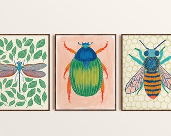 Bug Print Set of 3, Colorful Insect Art, Kid Room Decor, Nature Nursery Prints, Beetle Art, Dragonfly Artwork, Bee Painting, Gallery Wall