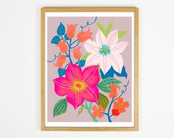 Bright Wall Art, Floral Art Prints, Colorful Flower Art, Nature Gift for Her, Botanical Wall Art, Whimsical Flower Art, Floral Illustration