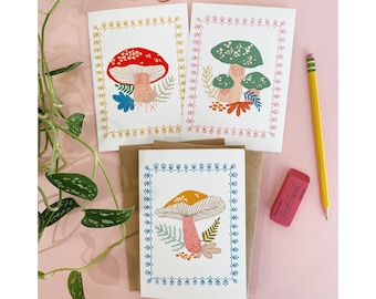 Mushroom Cards, Set of 6 Blank Notecards, Friend Gift, Retro Mushroom Stationery Set, Mushroom Gift, Cute Illustrated Cards, Fine Art Cards