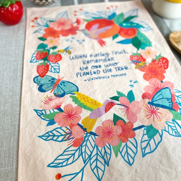 Hummingbird Dish Towel, Mother's Day Gift, Colorful Kitchen Towel, Mom Gift, Floral Tea Towel, Fruit Dish Cloth, Eco Friendly Gift for her