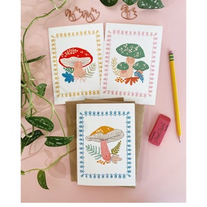 Mushroom Cards, Set of 6 Blank Notecards, Friend Gift, Retro Mushroom Stationery Set, Mushroom Gift, Cute Illustrated Cards, Fine Art Cards