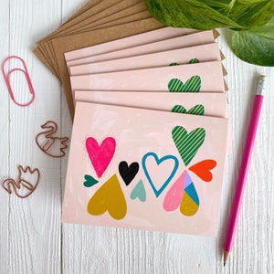 Cartões de coração, conjunto de 6 cartões de nota, cartões para amigos, cartões fofos, papelaria colorida, cartões de amizade, presente para ela, pacote de cartões de nota em branco