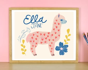 Personalized Name Art, Kids Room Wall Art, Llama Print, Custom Art for Nursery, Baby Name Gift, Baby Girl Decor, Animal Art, Alpaca Print