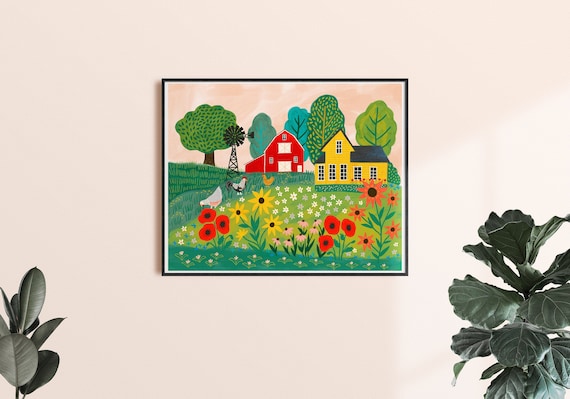 Farm Wall Art Print, Farmhouse Wall Decor, Colorful Art Prints, Whimsical Wall Art, Kitchen Art, Country Scene Print, Living Room Wall Art