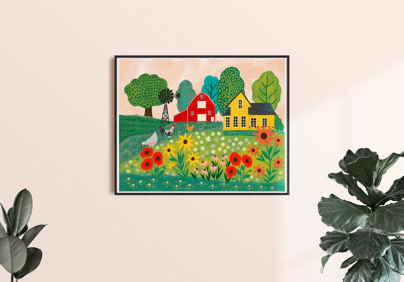 May include: A colorful illustration of a red barn and a yellow house with a green roof, surrounded by a field of flowers. The flowers are red, yellow, pink, and white. There are also two chickens in the field.