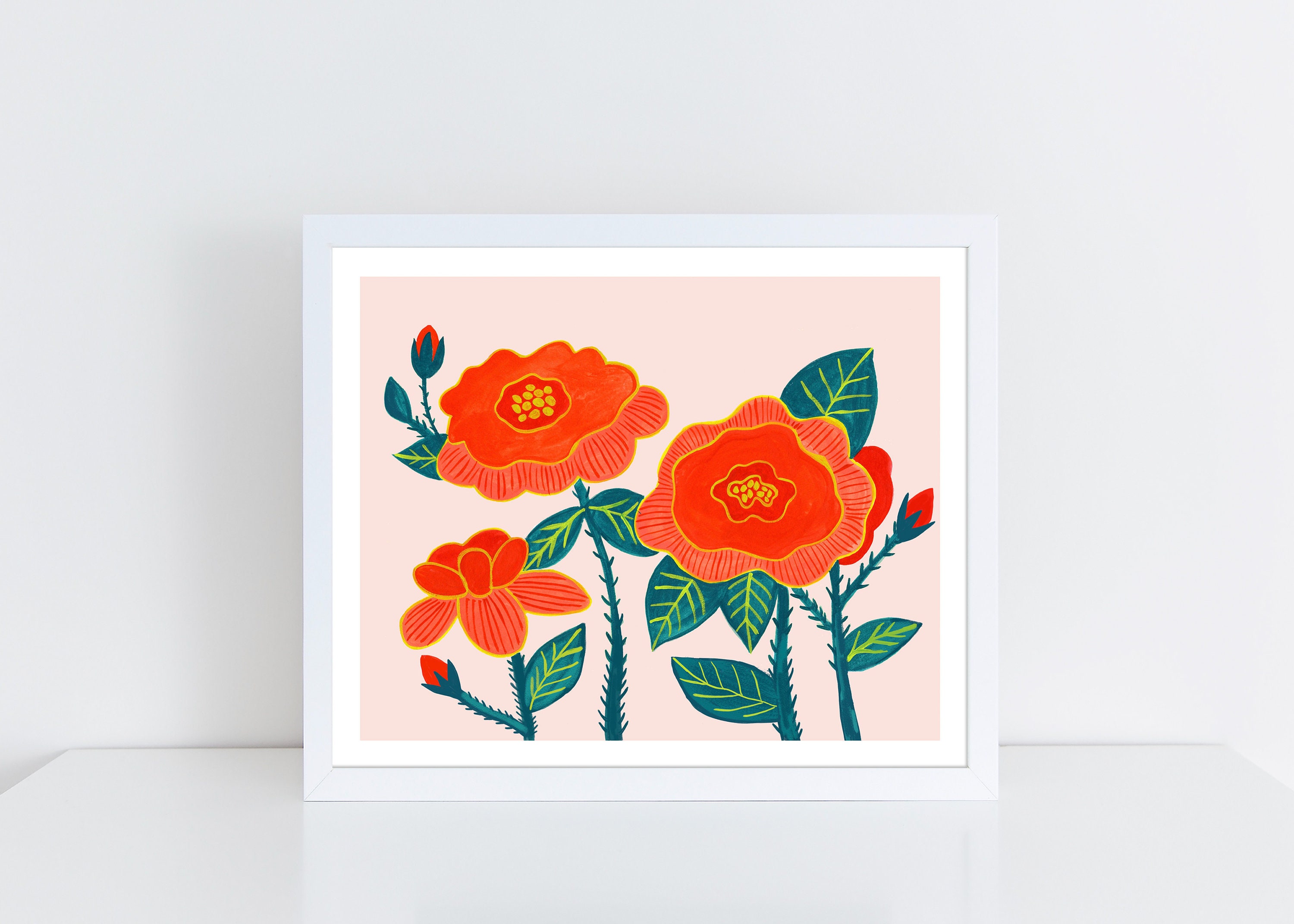 Red Rose Print Boho Floral Wall Art Botanical Illustration | Etsy