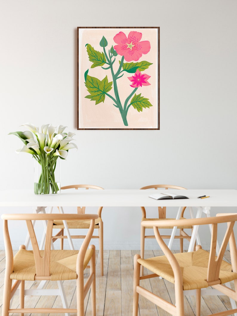 Rosa Blumenwandkunst, Kinderzimmerdruck, mutige Blumenkunstdruck, Schlafzimmer-Wanddekor, Boho Wandkunst, Blumenillustrationen, botanische Kunstdruck Bild 4