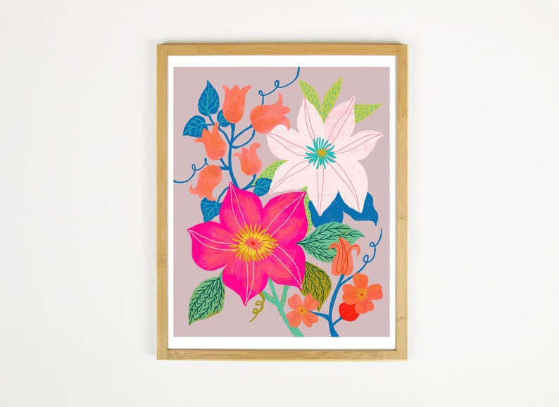 May include: A framed print of a floral illustration featuring pink, white, and orange flowers with green leaves on a light purple background.