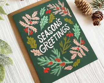 Kerstkaartenset, Holiday Notecard Pack, Seasons Greetings Card, blanco kaarten, Yule Card, Hand geïllustreerde kaarten, natuurkunstwerk, kerstkaart