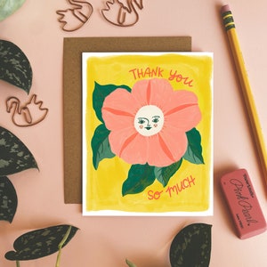 Heel erg bedankt kaart, leuke kaarten, antropomorf bloemgezicht, bedankkaart, geïllustreerde wenskaart, penvriend briefpapier, vrolijke kunst