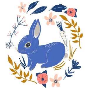 May include: A blue rabbit with a carrot in its mouth surrounded by pink and yellow flowers and brown and blue leaves.
