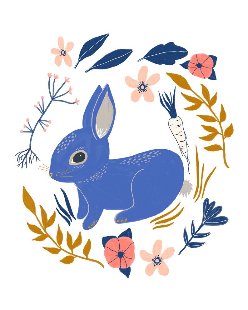 May include: A blue rabbit with a carrot in its mouth surrounded by pink and yellow flowers and brown and blue leaves.