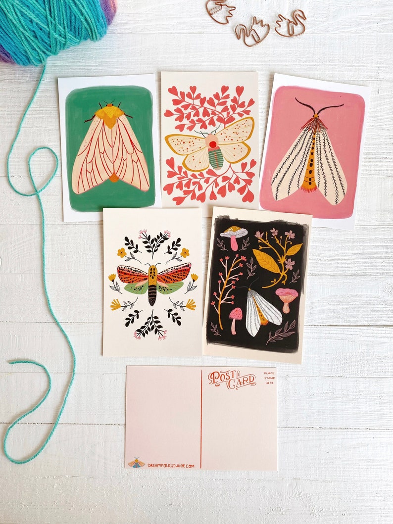 Moth Postcard Pack, Set of 10, Bug Notecard Set, Stationery Set, Insect Illustration, Mini Art, Gift for Friend, Gift Under 20, Moth Art image 1