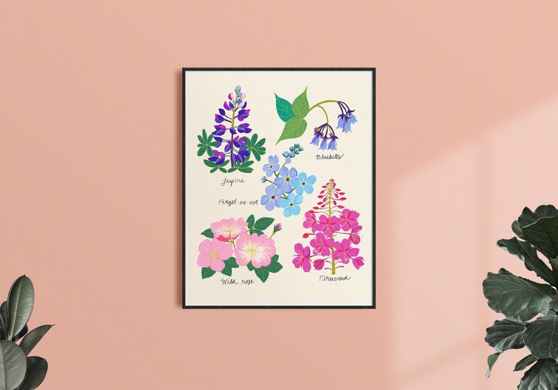 Wildflower Art Print, Botanical Wall Art, Floral Illustration, Baby Nursery Art, Colorful Flower Wall Art, Wildflower Chart, Bathroom Decor image 1