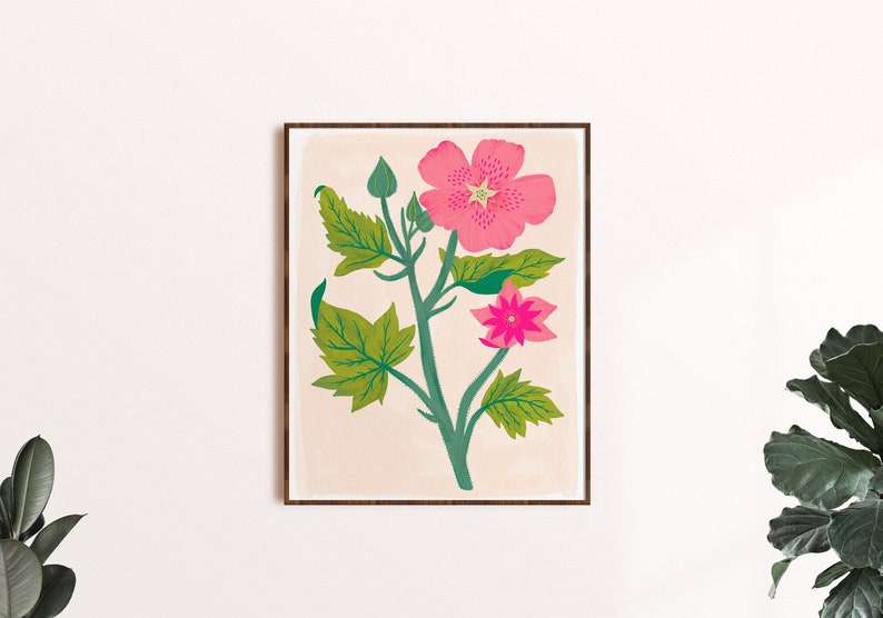 Rosa Blumenwandkunst, Kinderzimmerdruck, mutige Blumenkunstdruck, Schlafzimmer-Wanddekor, Boho Wandkunst, Blumenillustrationen, botanische Kunstdruck Bild 2