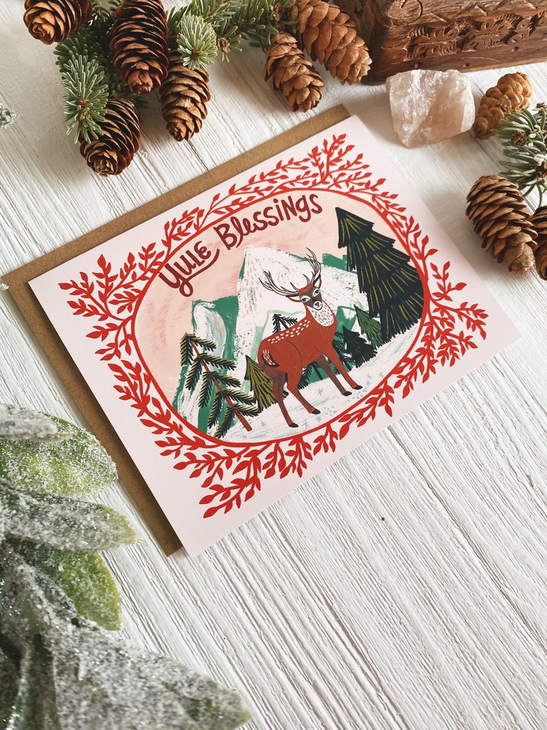 Jeu de cartes de Noël, cartes de vœux, carte de voeux vierge avec enveloppe, jeu de cartes de Noël, oeuvres d'art avec un cerf des montagnes, carte de correspondance illustrée, solstice d'hiver image 3