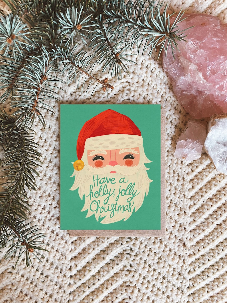 Retro Santa Clause Card, Cute Christmas Card Pack, Holly Jolly Christmas, Vintage Inspired Greeting Card, Holiday Notecard Set, Xmas Card image 1